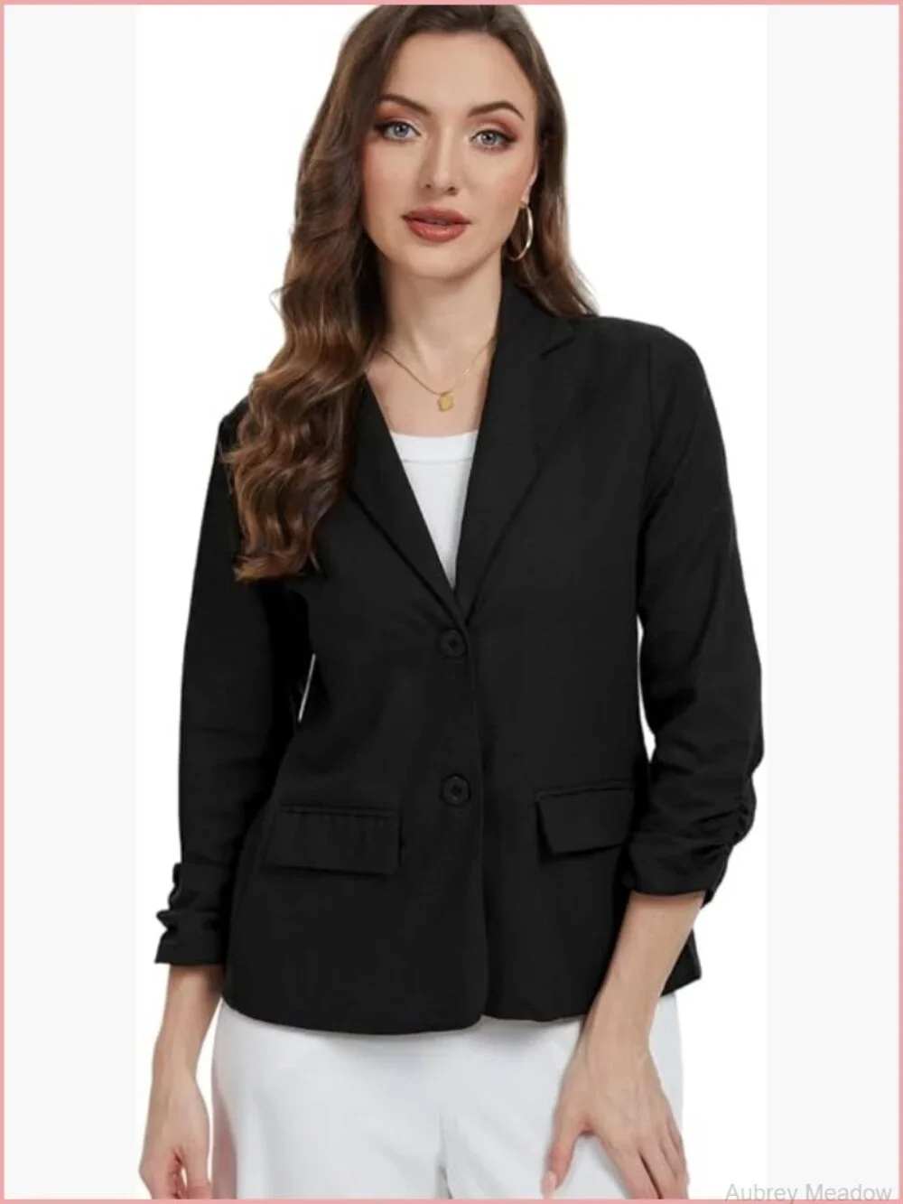 Linen Blazer Jacket Lightweight 3/4 Ruched Sleeve Button Work Office